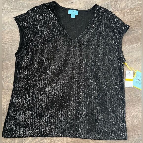 CeCe Sequined V-Neck Cap-Sleeve Black Blouse-Size Medium - Picture 1 of 7